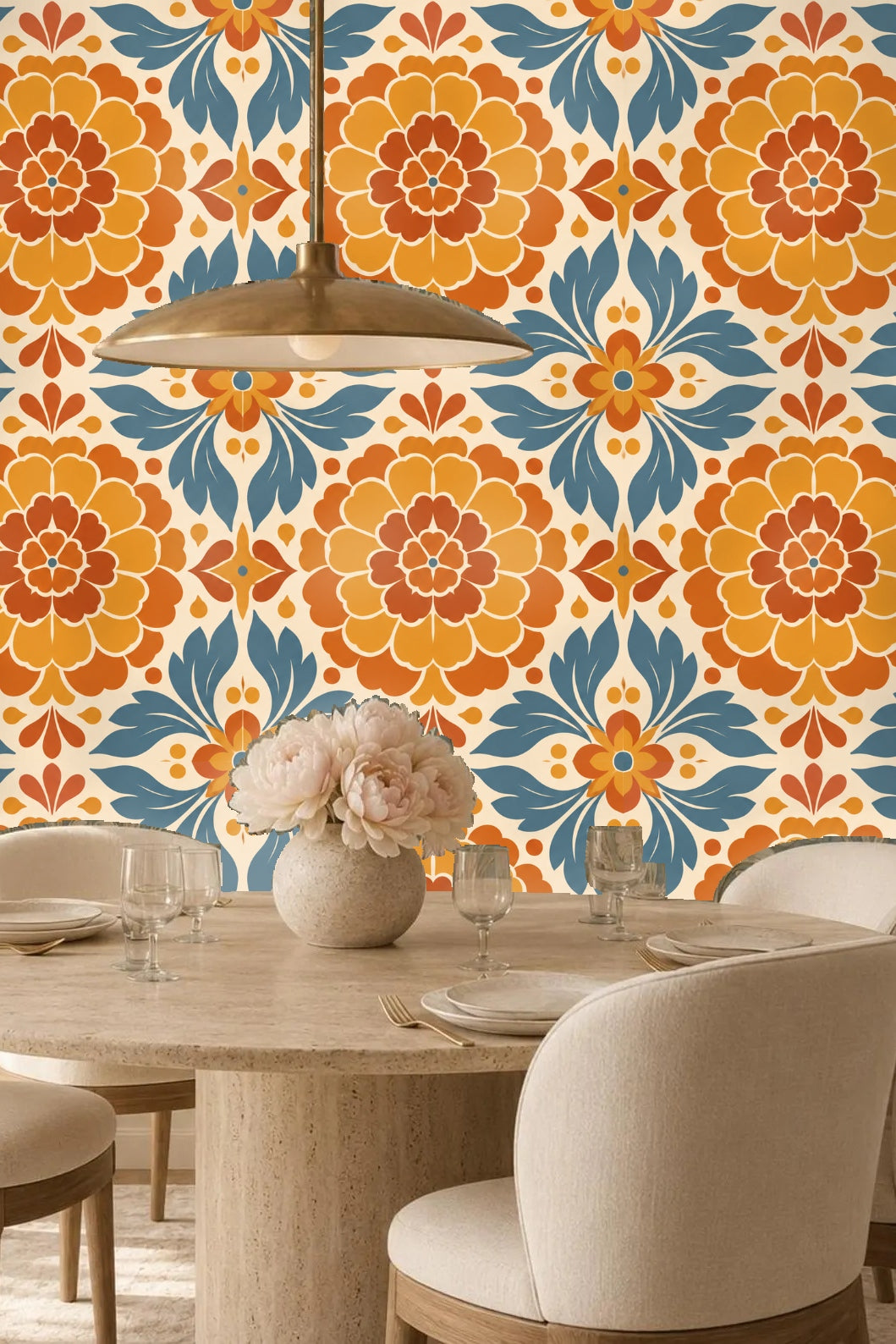 Side angle of a room corner with Marigold Mosaic wallpaper on both walls