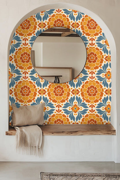 Marigold Mosaic original wallpaper artwork showing repeating floral medallions and leaves in orange, yellow, and blue on cream background