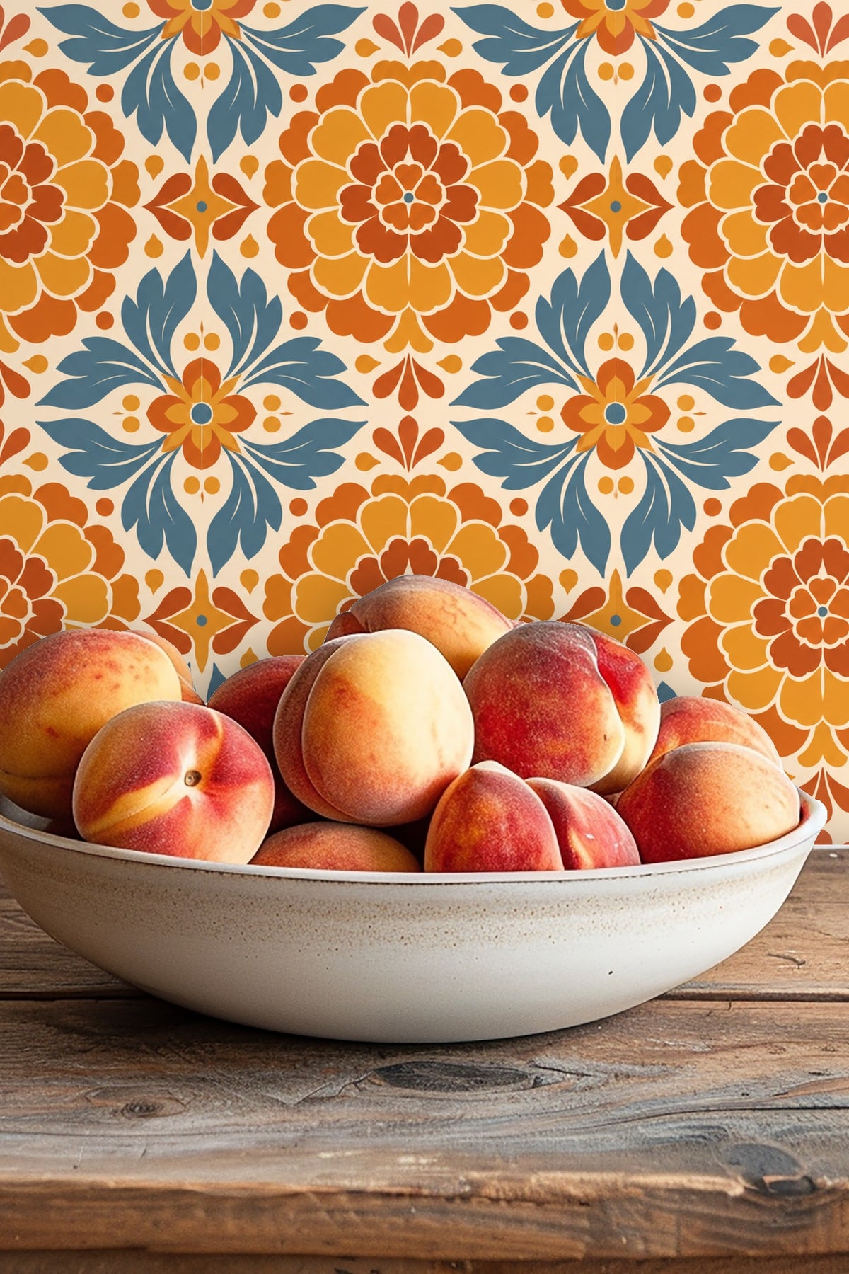 Pattern detail showing overlapping stylized petals and leaves with cream outlines