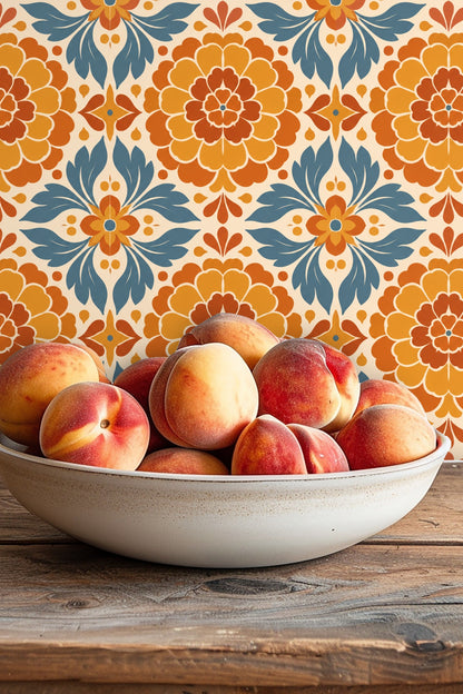 Pattern detail showing overlapping stylized petals and leaves with cream outlines