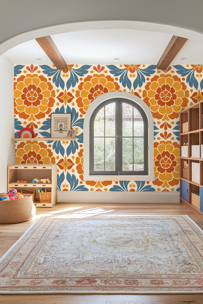Section of wallpaper highlighting the pointed leaf shapes and teardrop details