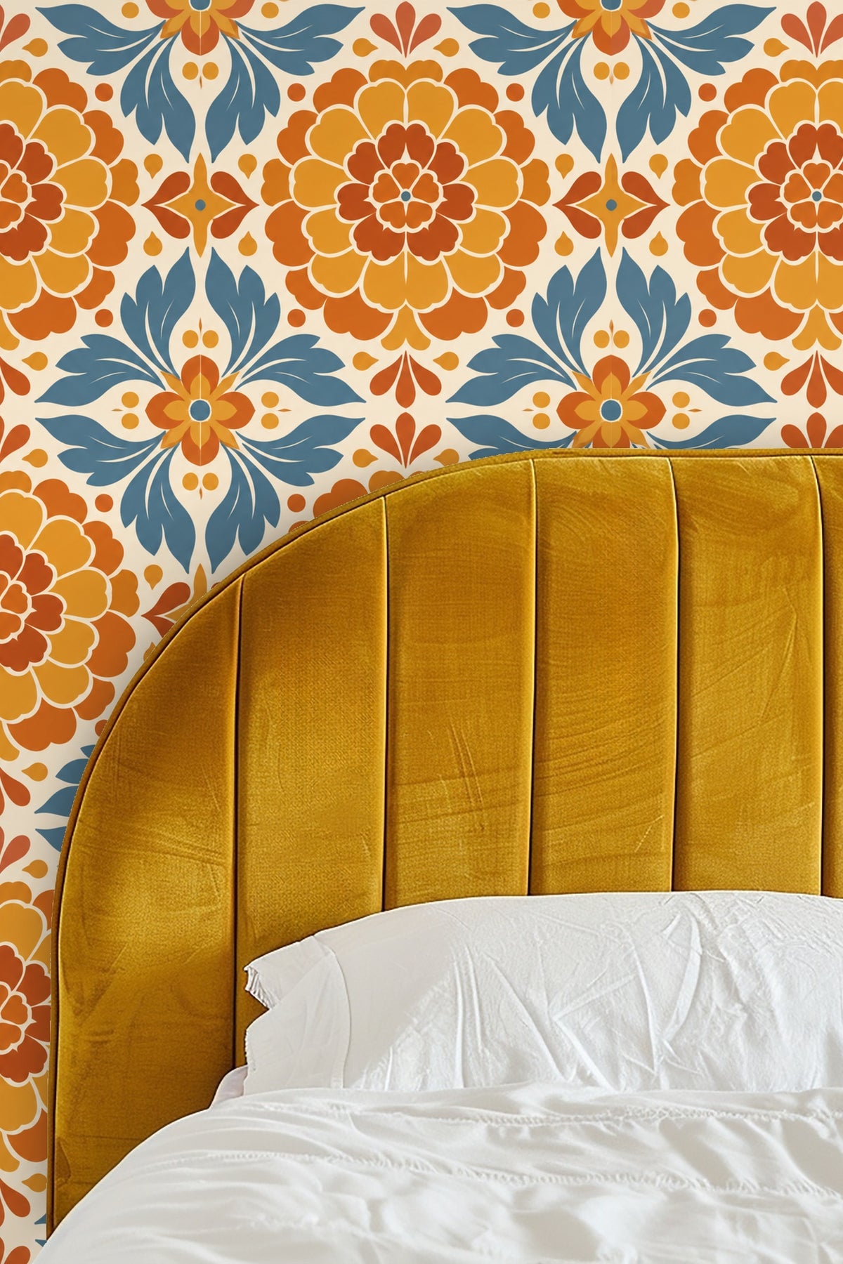 Entryway featuring Marigold Mosaic wallpaper framed by an arched wall niche with a round black mirror and neutral bench