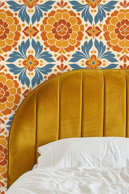 Entryway featuring Marigold Mosaic wallpaper framed by an arched wall niche with a round black mirror and neutral bench