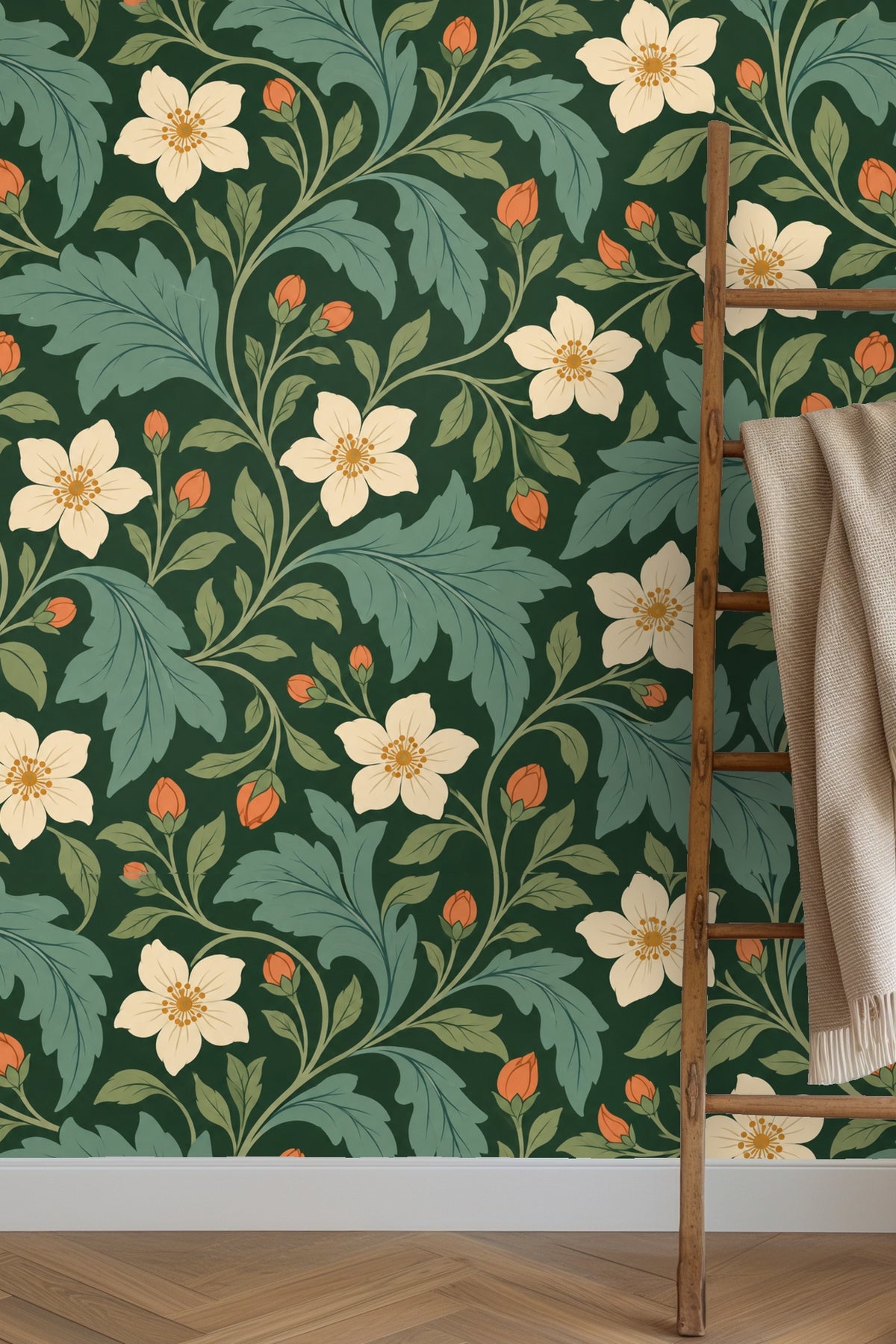 Soft light illuminating the textured wallpaper pattern of Verdant Pimpernel.