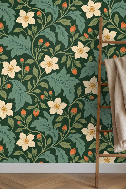 Soft light illuminating the textured wallpaper pattern of Verdant Pimpernel.