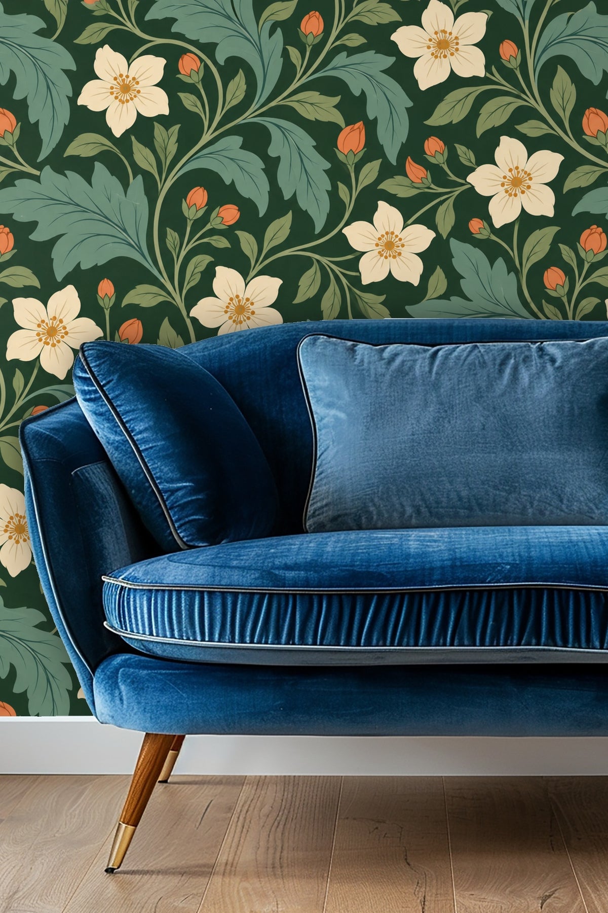 Detailed view of Verdant Pimpernel wallpaper showing cream flowers and green leaves on a dark green background.