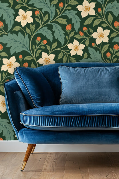 Detailed view of Verdant Pimpernel wallpaper showing cream flowers and green leaves on a dark green background.