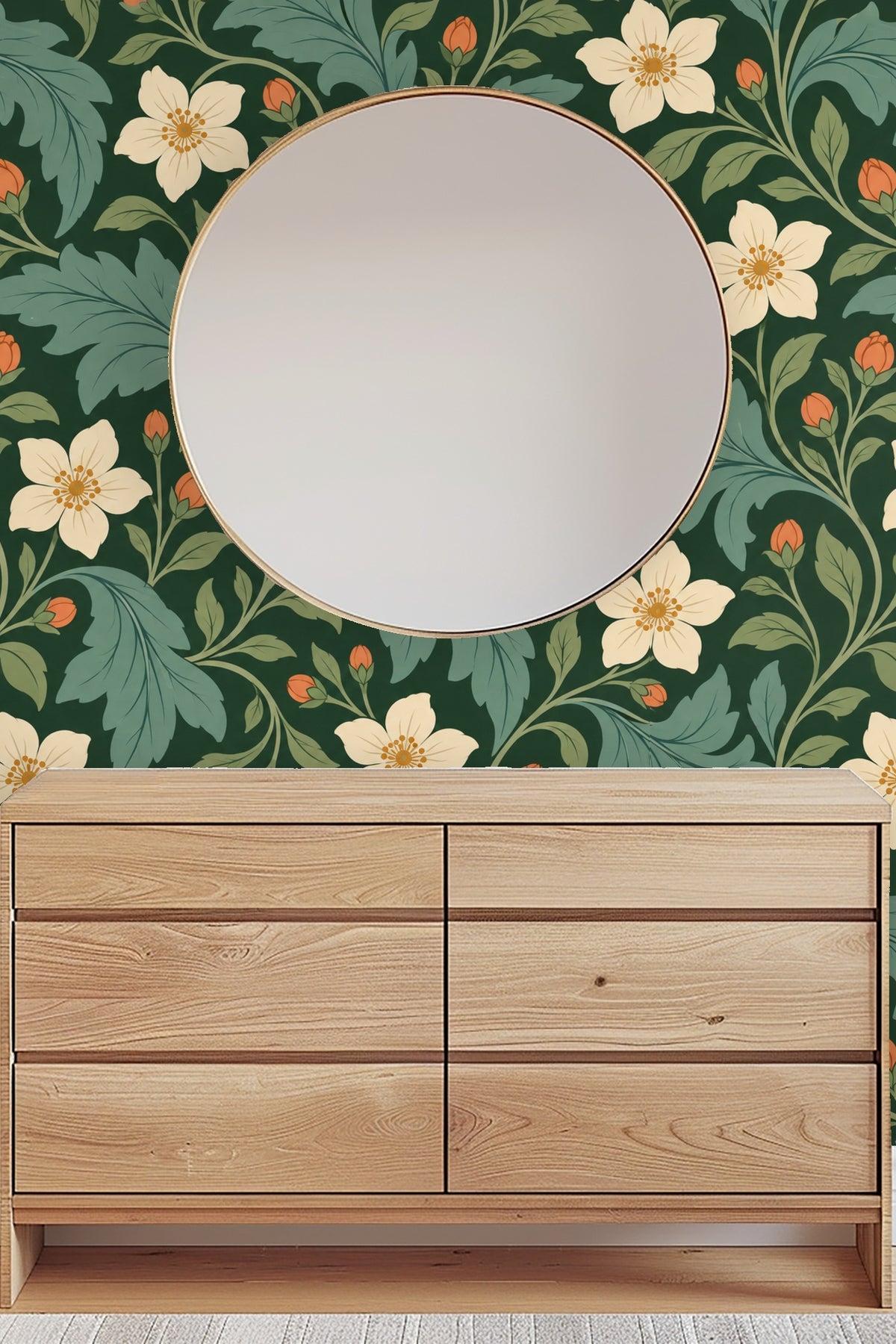 Pattern repeat details showing the interplay of foliage and blossoms.