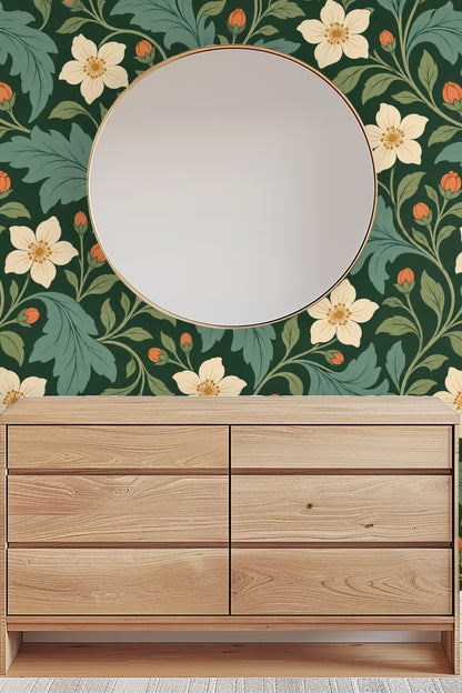 Pattern repeat details showing the interplay of foliage and blossoms.