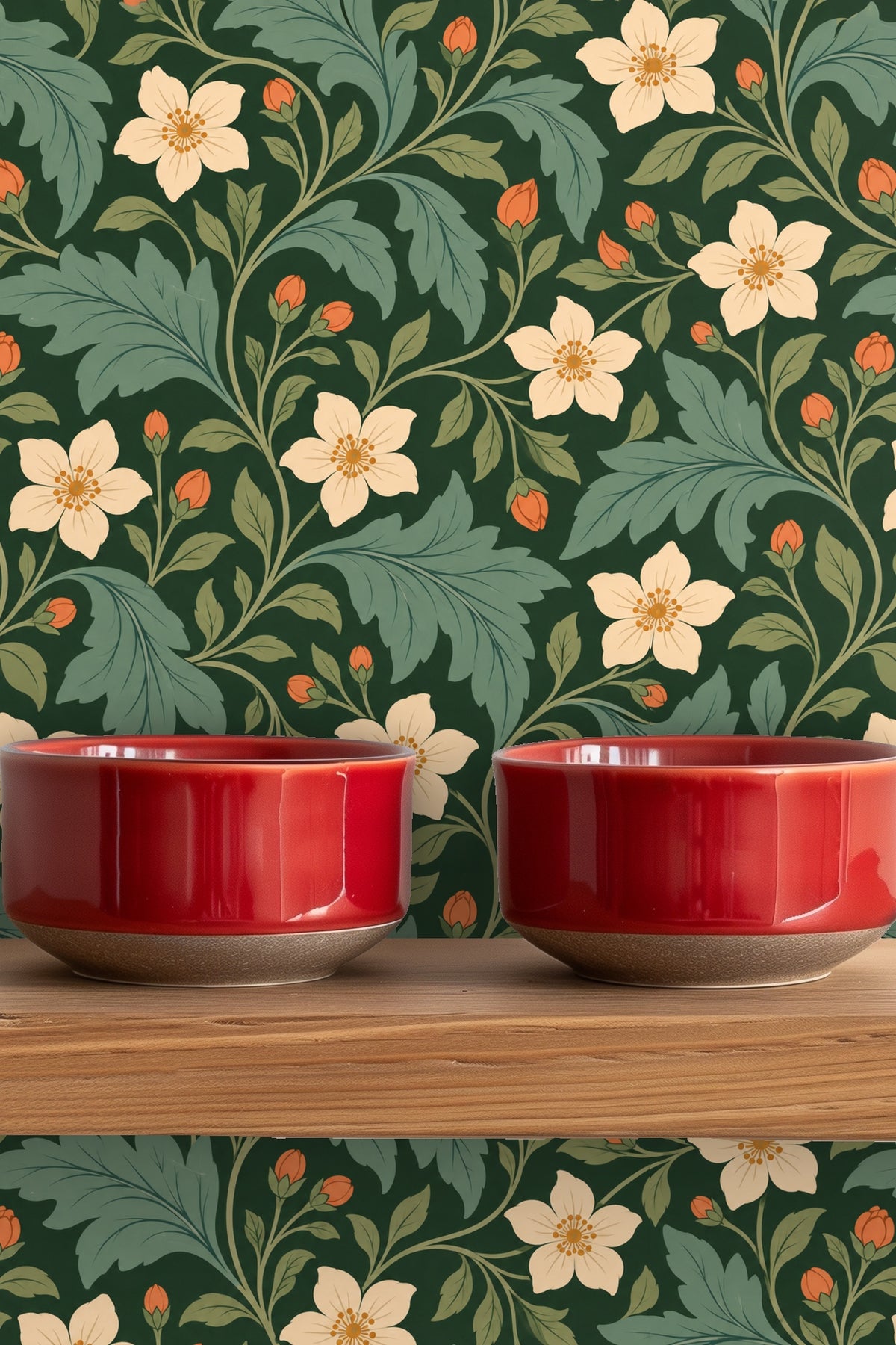 Orange flower buds emerging amid leaves on the Verdant Pimpernel wallpaper.