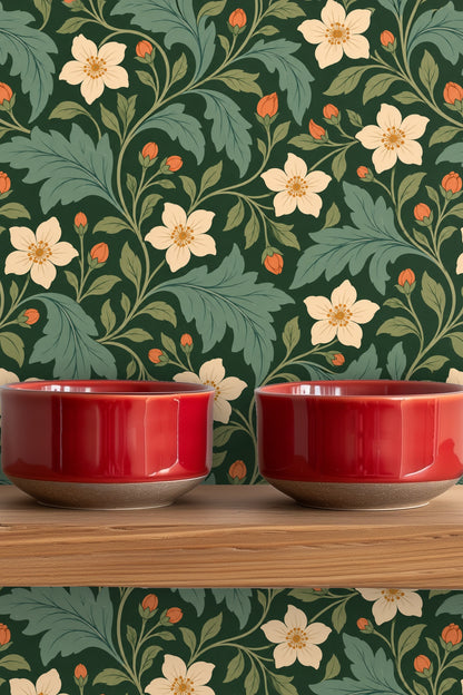 Orange flower buds emerging amid leaves on the Verdant Pimpernel wallpaper.