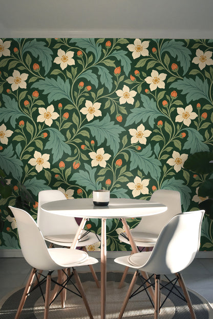 Section of wallpaper edge and wall trim with Verdant Pimpernel pattern.