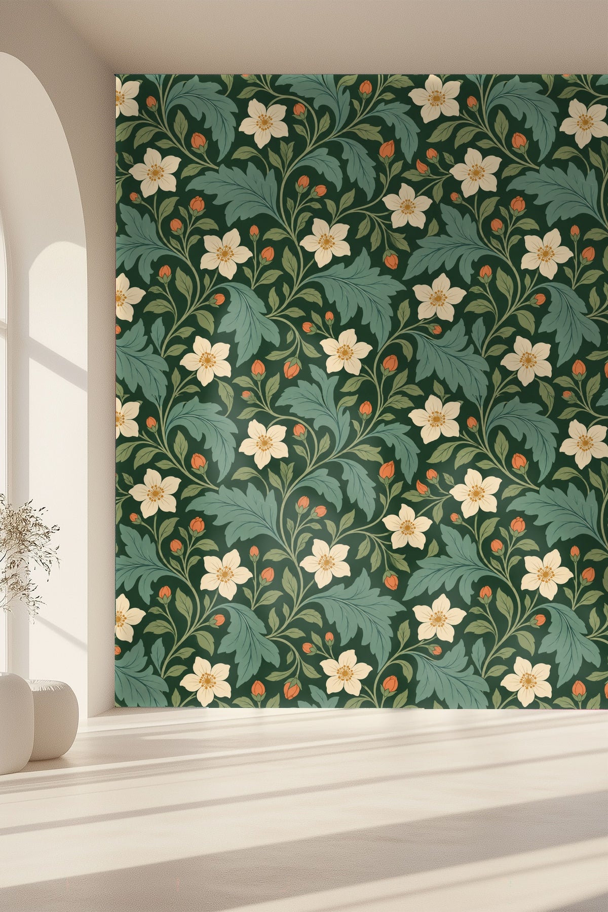 Partial view of a room with mid-century style blue couch and Verdant Pimpernel wallpaper.