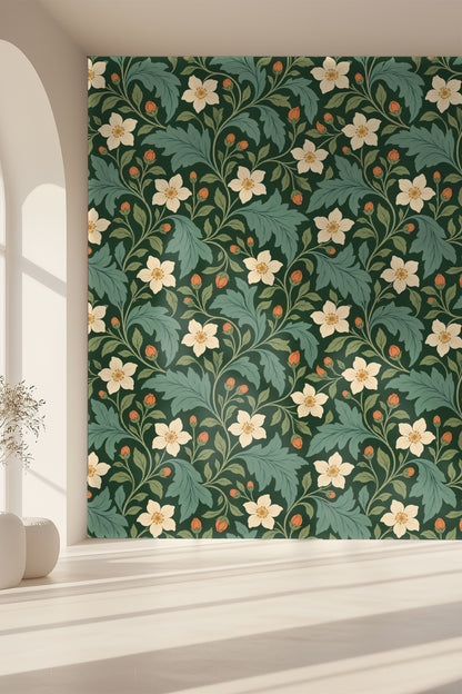 Partial view of a room with mid-century style blue couch and Verdant Pimpernel wallpaper.
