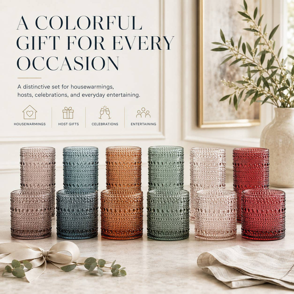 12 Hobnail Drinking Glasses Pastel Colored Beaded Set by The Wine Savant / Khen Glassware — view 2