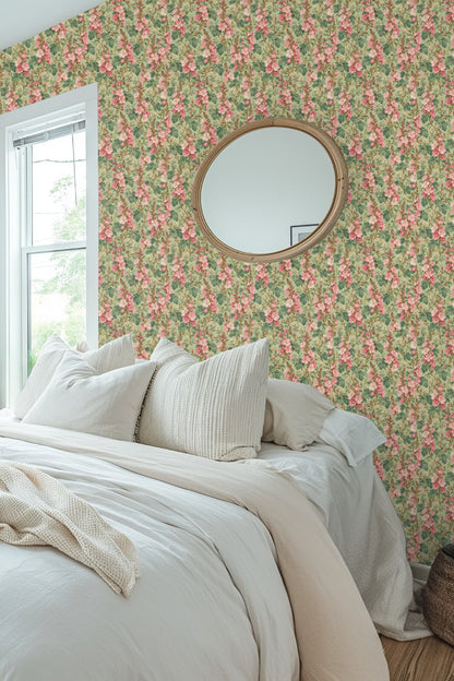 Soft pink floral clusters with surrounding green foliage forming a repeating vertical pattern