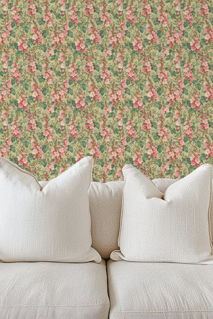 Close-up of Sidalcea Rose Columns wallpaper showing pink flowers and green leaves on a sage background