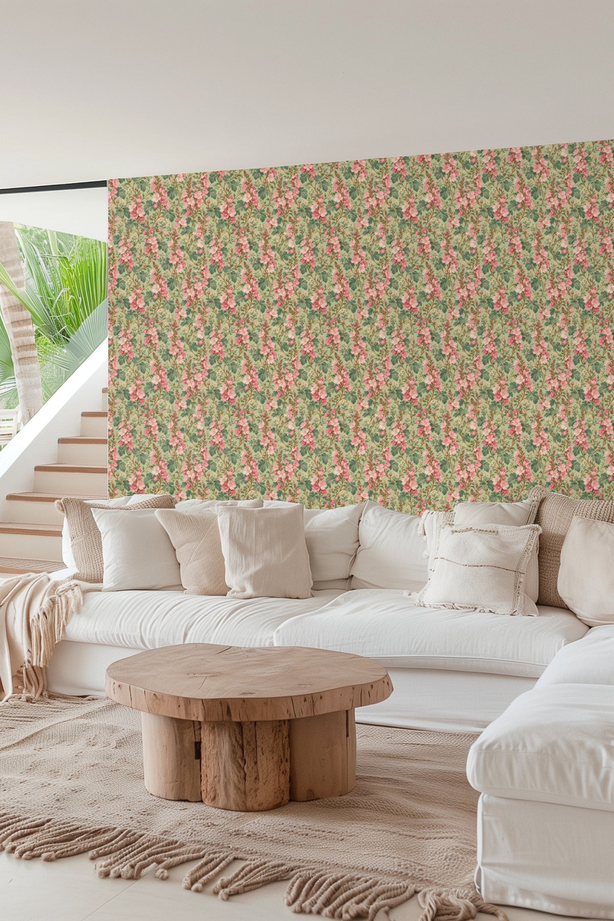 Light green wallpaper adorned with trailing columns of pink and cream flowers