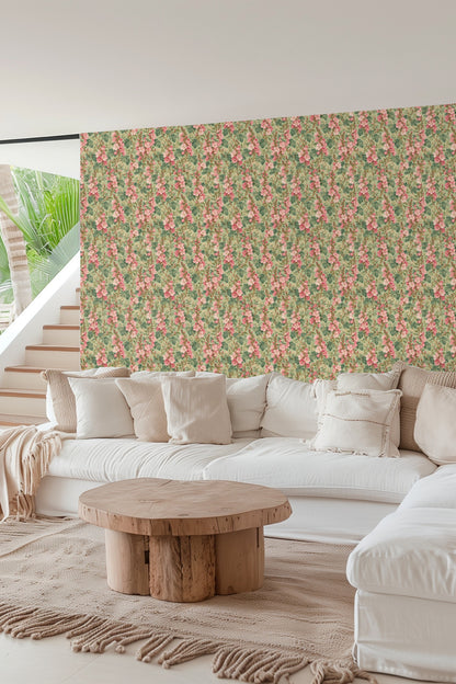 Light green wallpaper adorned with trailing columns of pink and cream flowers