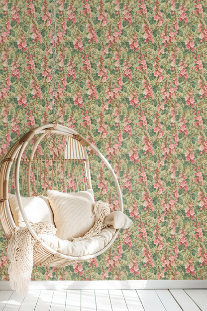 Naturalistic hand-drawn leaf details interspersed with tall flowering stalks in wallpaper design