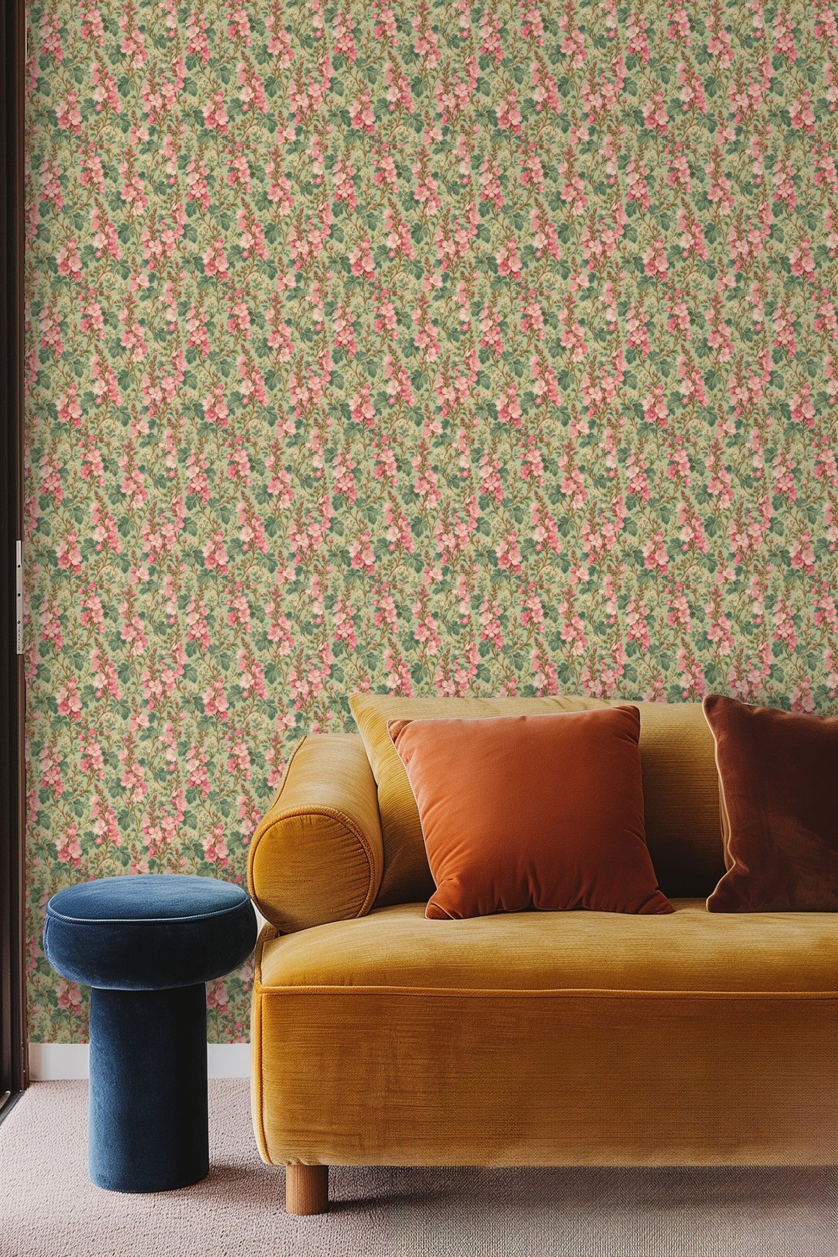Wallpaper with pink Sidalcea floral columns installed behind a peach velvet headboard and white bedding