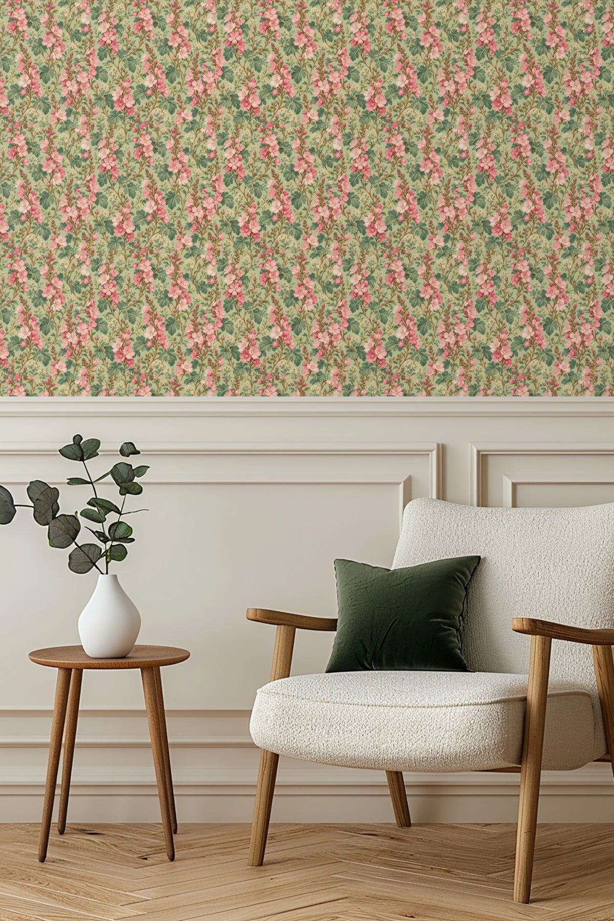 Detailed botanical arrangement with vertical stems of pink flowers and small white buds