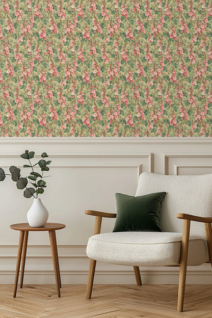 Detailed botanical arrangement with vertical stems of pink flowers and small white buds