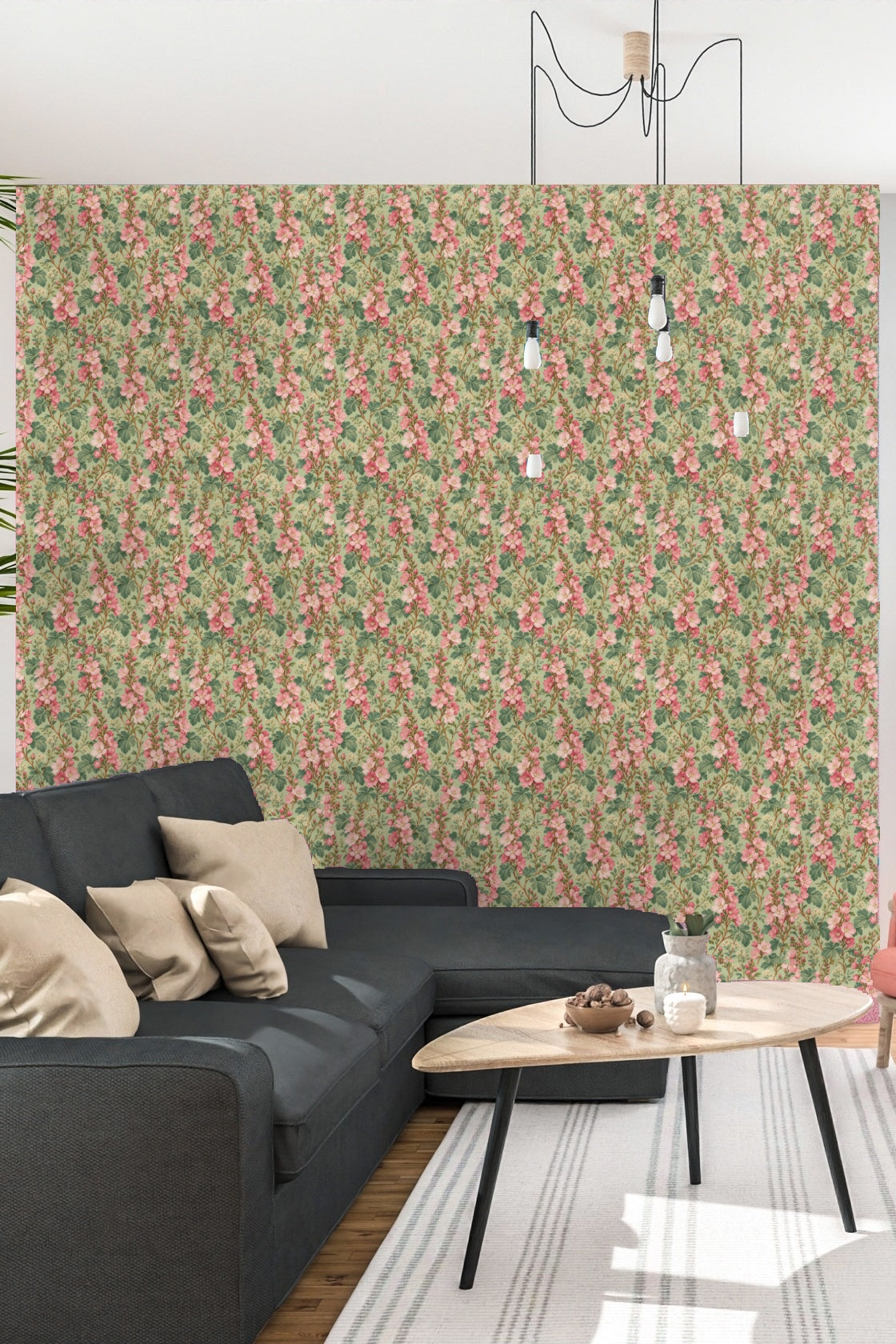Wallpaper scene showing coordinated floral pattern over an entire wall