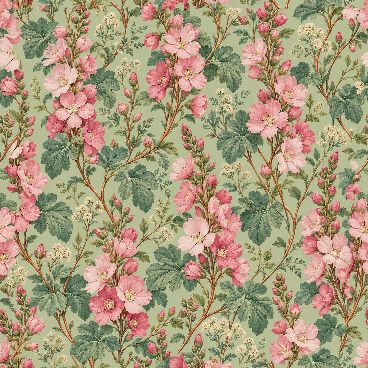 Fine botanical line work capturing flower veins and stem textures in wallpaper design