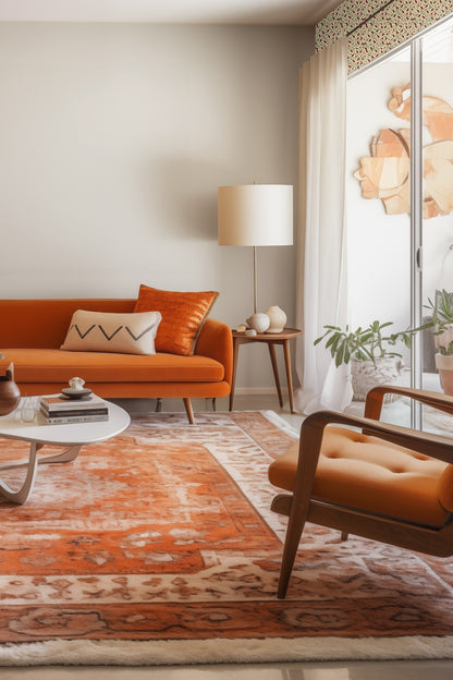 Modern arched living room wall covered in garnet sanguisorba wallpaper behind light grey minimal sofa and glass coffee table