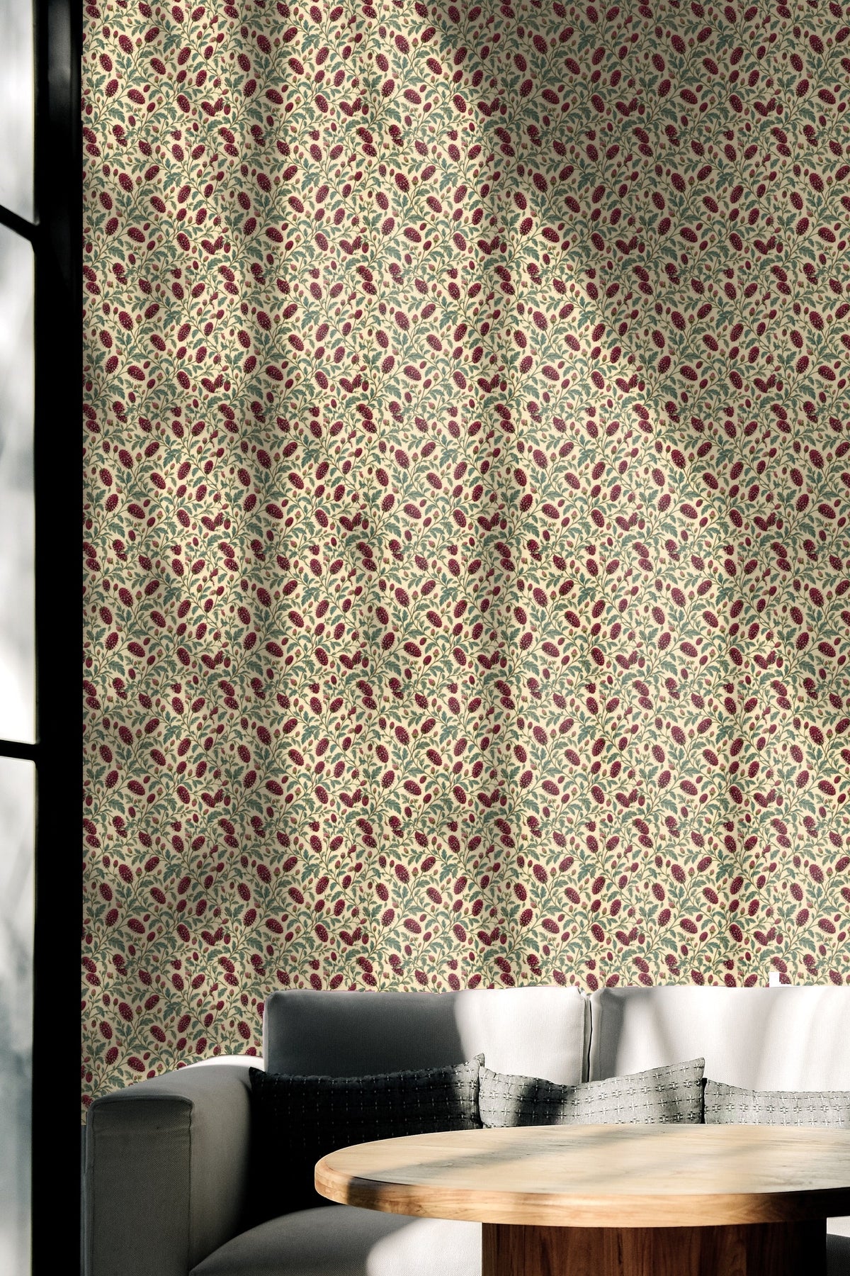 Evenly spaced sanguisorba beaded flowers with intricate leaf patterns on wallpaper