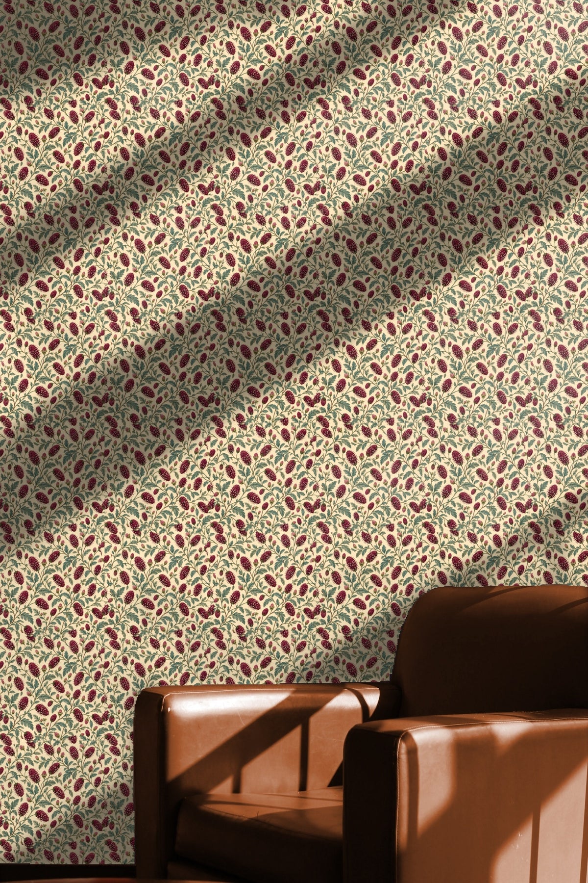 Floral wallpaper covering an entire bedroom wall behind a neutral bed setup
