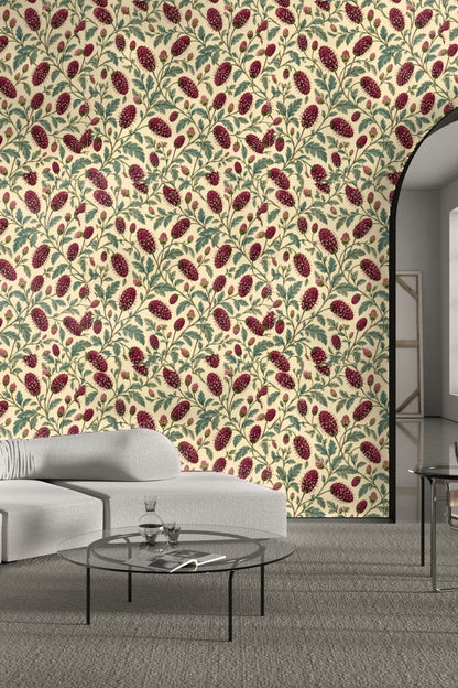 Bedroom corner with garnet sanguisorba floral wallpaper behind rattan headboard and beige bedside table