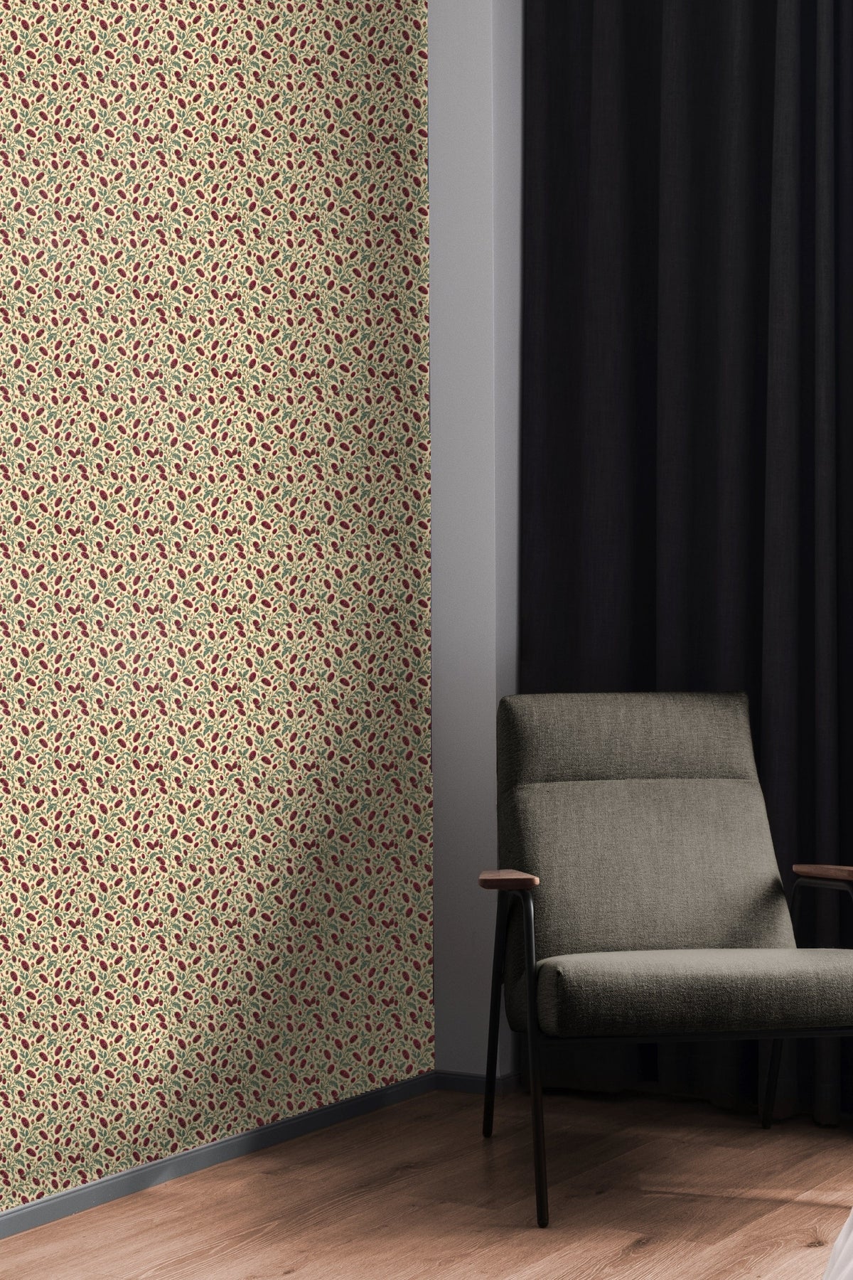 Vintage-style botanical wallpaper pattern with deep red floral pods and green leaves