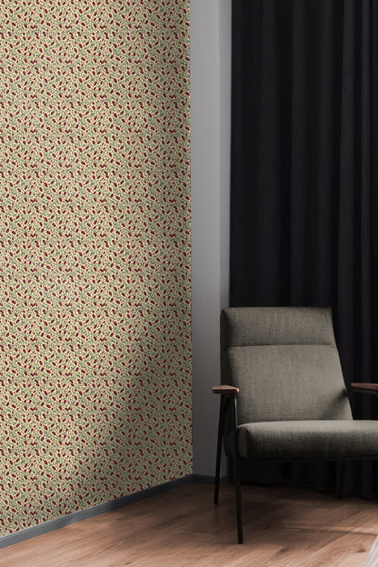 Vintage-style botanical wallpaper pattern with deep red floral pods and green leaves