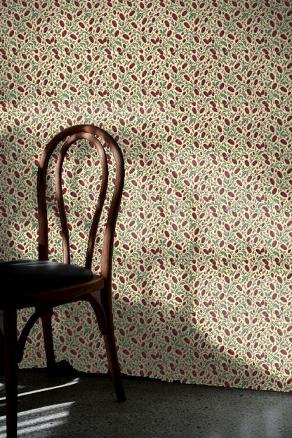 Sanguisorba garnet wallpaper in a soft cream colored room with natural light