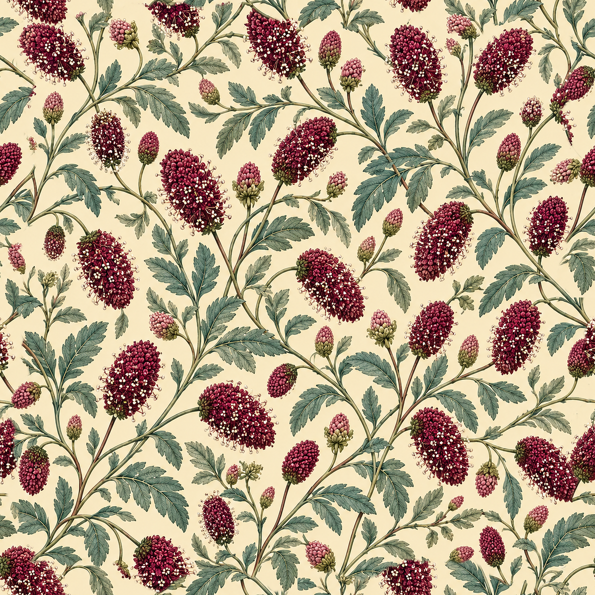 Decorative wallpaper panel showcasing fine botanical strokes and garnet shades