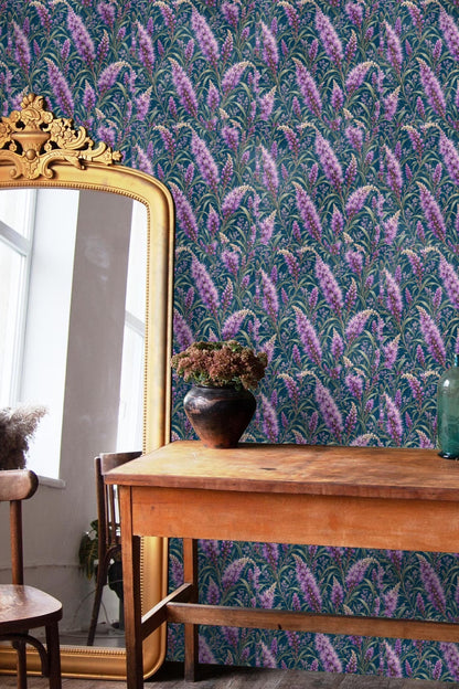 Wallpaper showcasing nature-inspired liatris violet blossoms with vertical leaf blades.