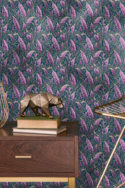 Violet botanical floral pattern wallpaper with voluminous clusters and slender leaves.