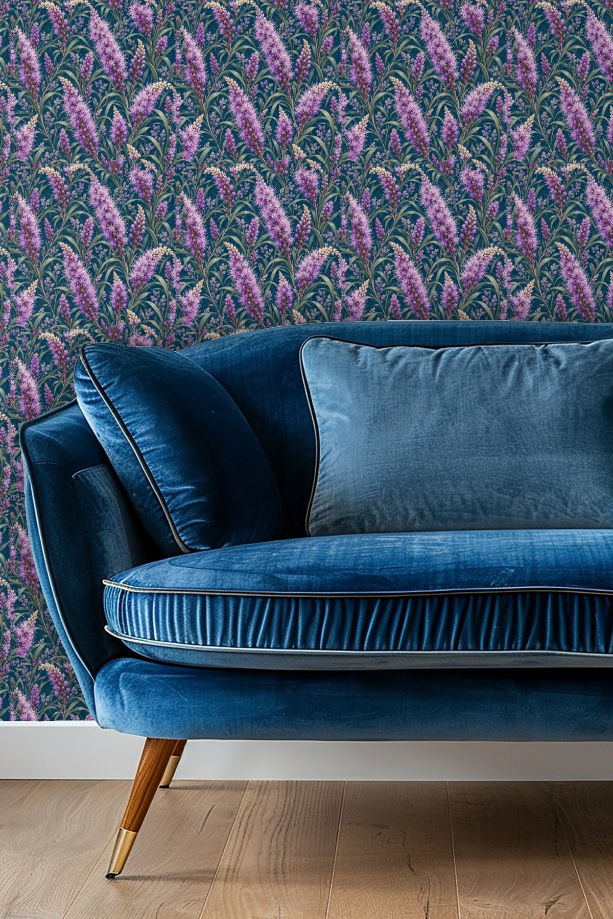 Detailed close-up of Liatris Violet Sparks floral wallpaper showing intricate violet liatris flowers and green leaves on a dark blue base.