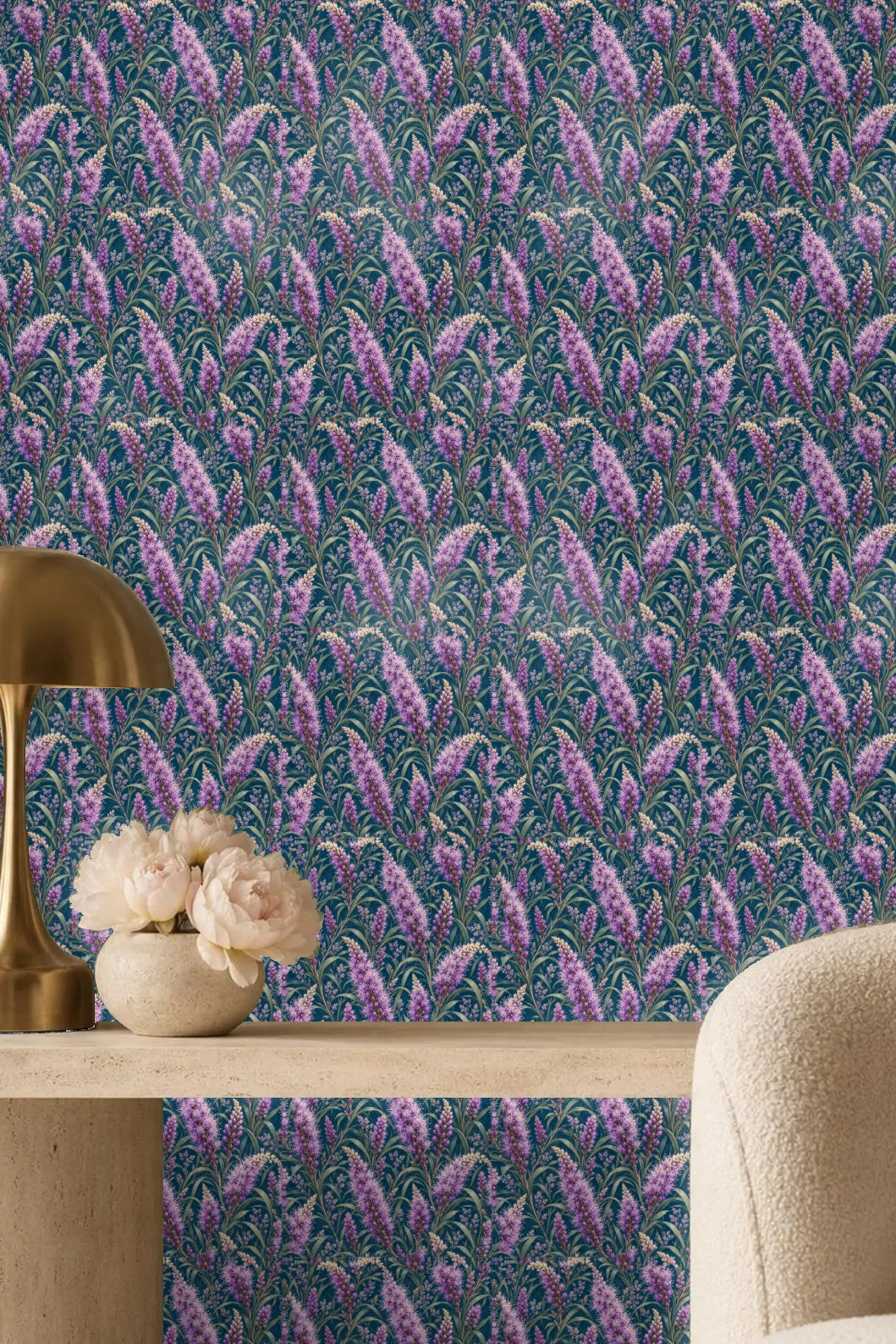 Decorative wallpaper with tall floral liatris spikes against rich blue backdrop.