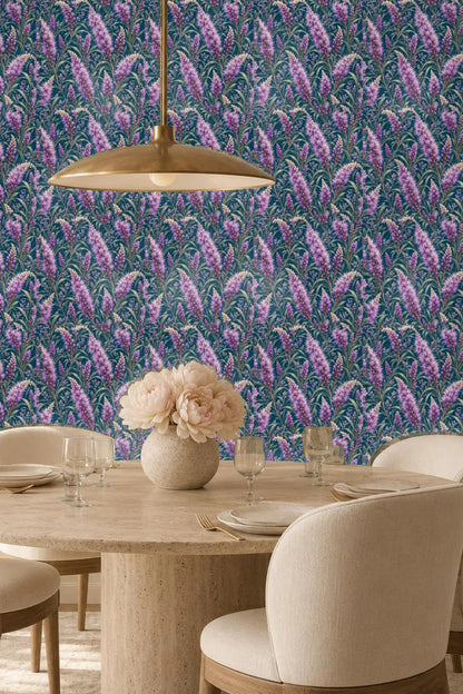Painterly floral wallpaper with purple spiked flowers on deep navy blue background.