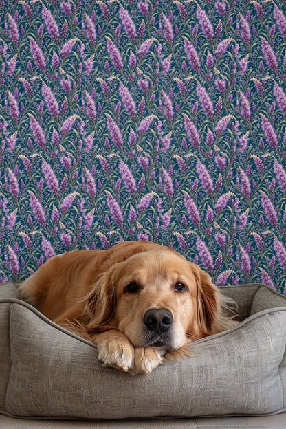 Section of wall featuring purple liatris floral wallpaper with dark blue background in a room setting.
