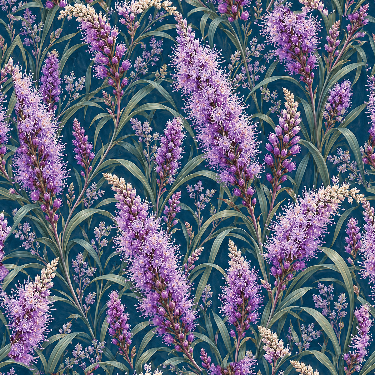 Pattern repeat view of Liatris Violet Sparks wallpaper with varied violet flower clumps and blue base.