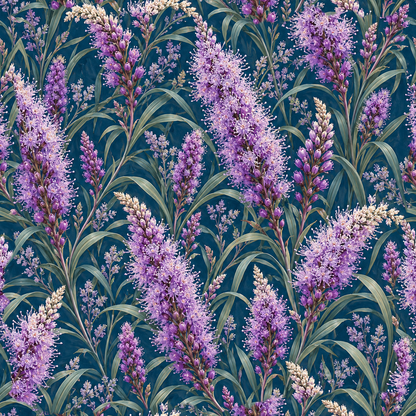 Pattern repeat view of Liatris Violet Sparks wallpaper with varied violet flower clumps and blue base.