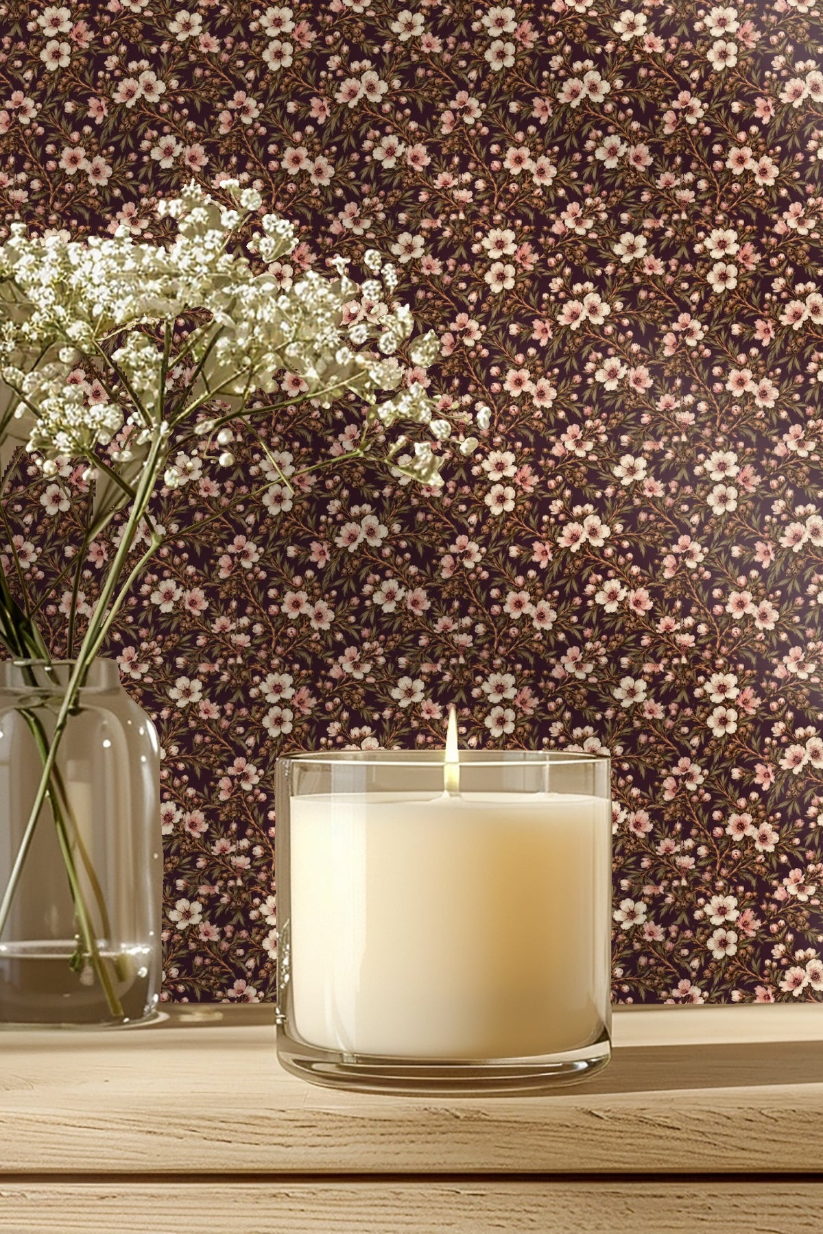 Detailed floral wallpaper with white and pink leptospermum flowers on plum background