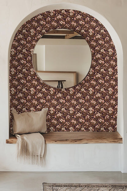 Entryway wall covered in porcelain spray leptospermum wallpaper beside decorative vase and candle