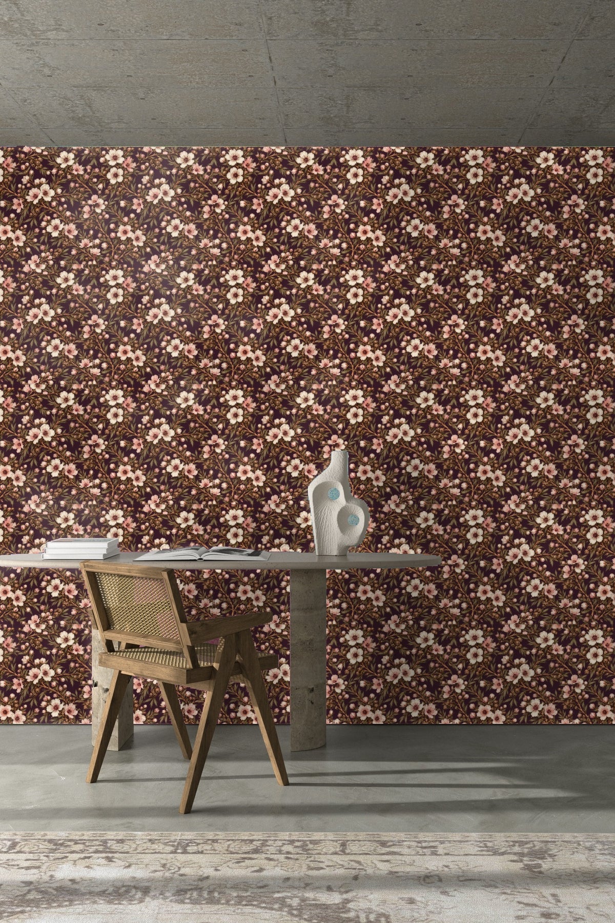 Plum background contrasted with soft floral sprays