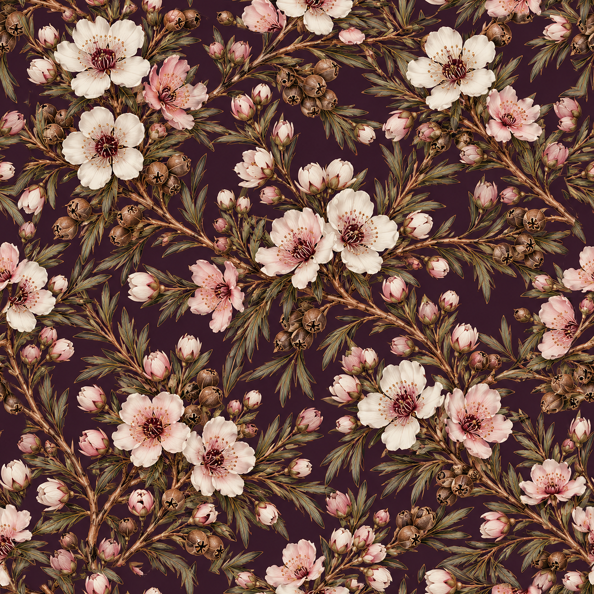 Softly shaded floral clusters on deep plum base