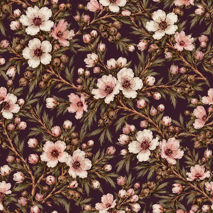 Softly shaded floral clusters on deep plum base